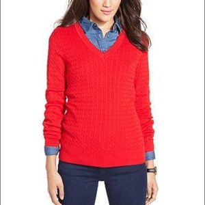 Tommy Hilfiger Red Cableknit Vneck Sweater